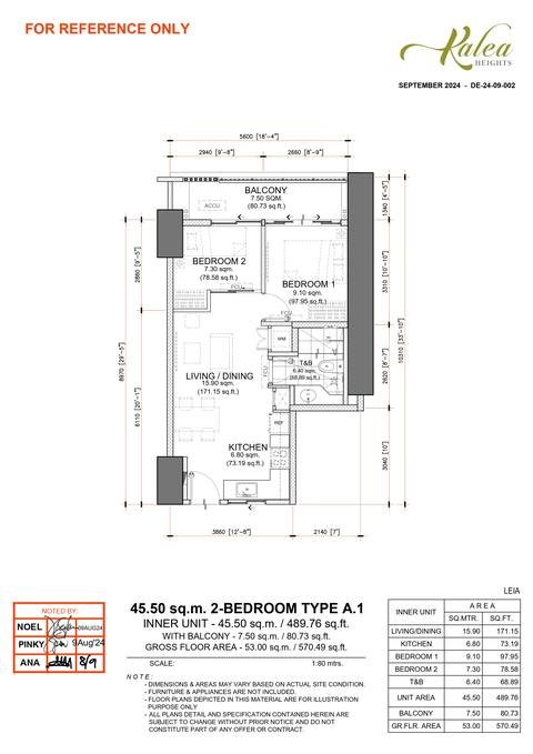 Layout for Type A.1 — 45.50 sqm